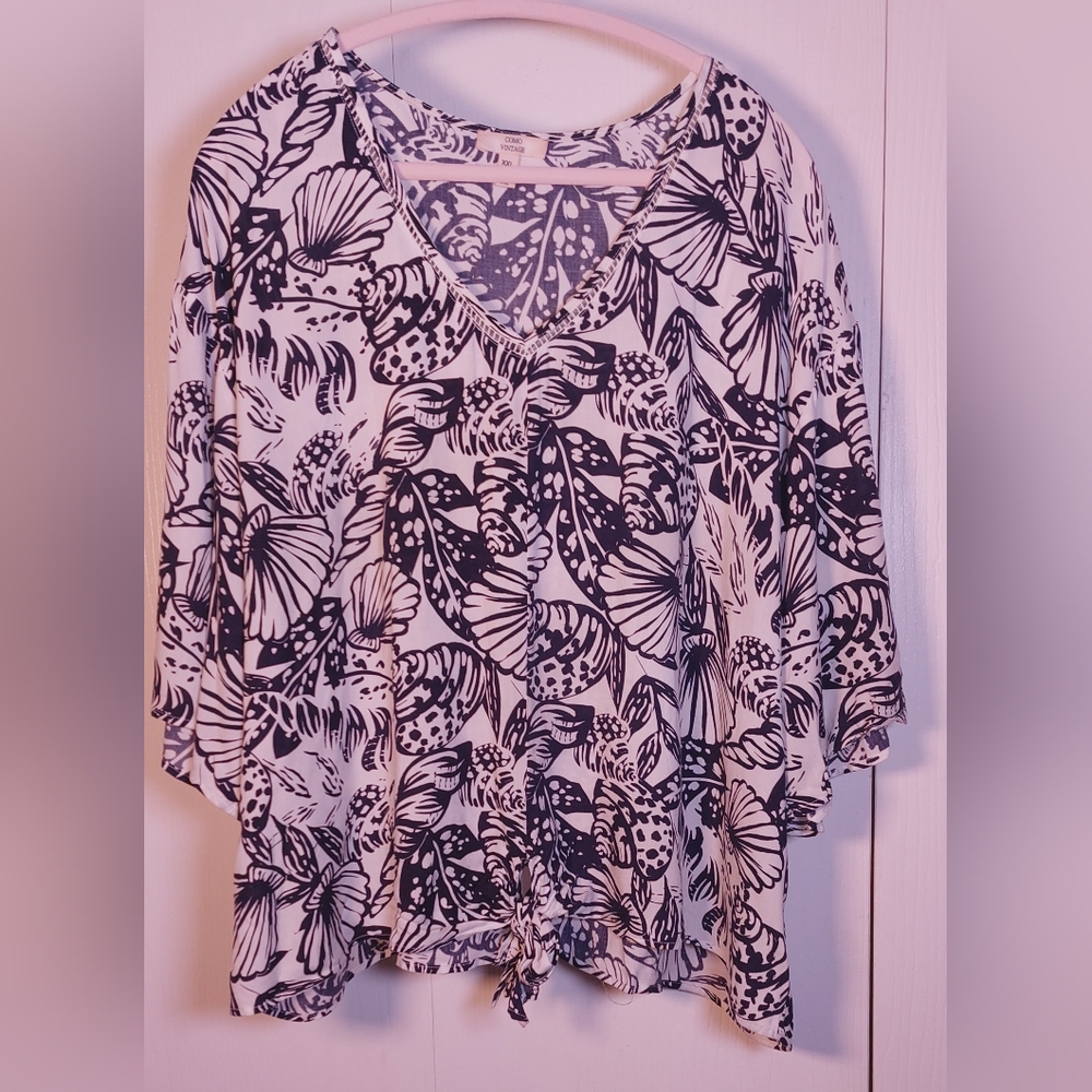 Como Vintage Navy White Tropical Blouse Size XXL Front Tie Wide Sleeves Flowy